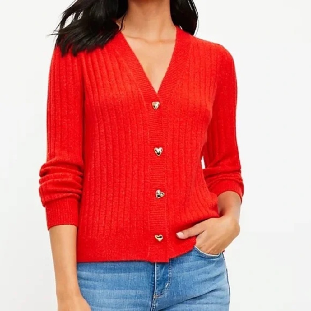 LOFT Heart Button Up Red Cardigan Size Medium